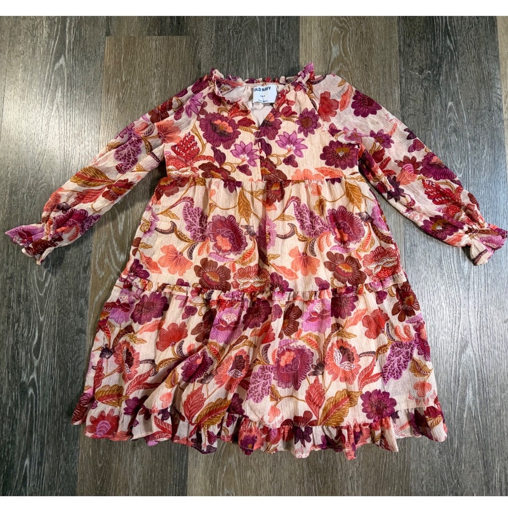Old Navy Floral Tiered Dress Kids Size S 6-7 Pink Purple Gold Shimmer Boho